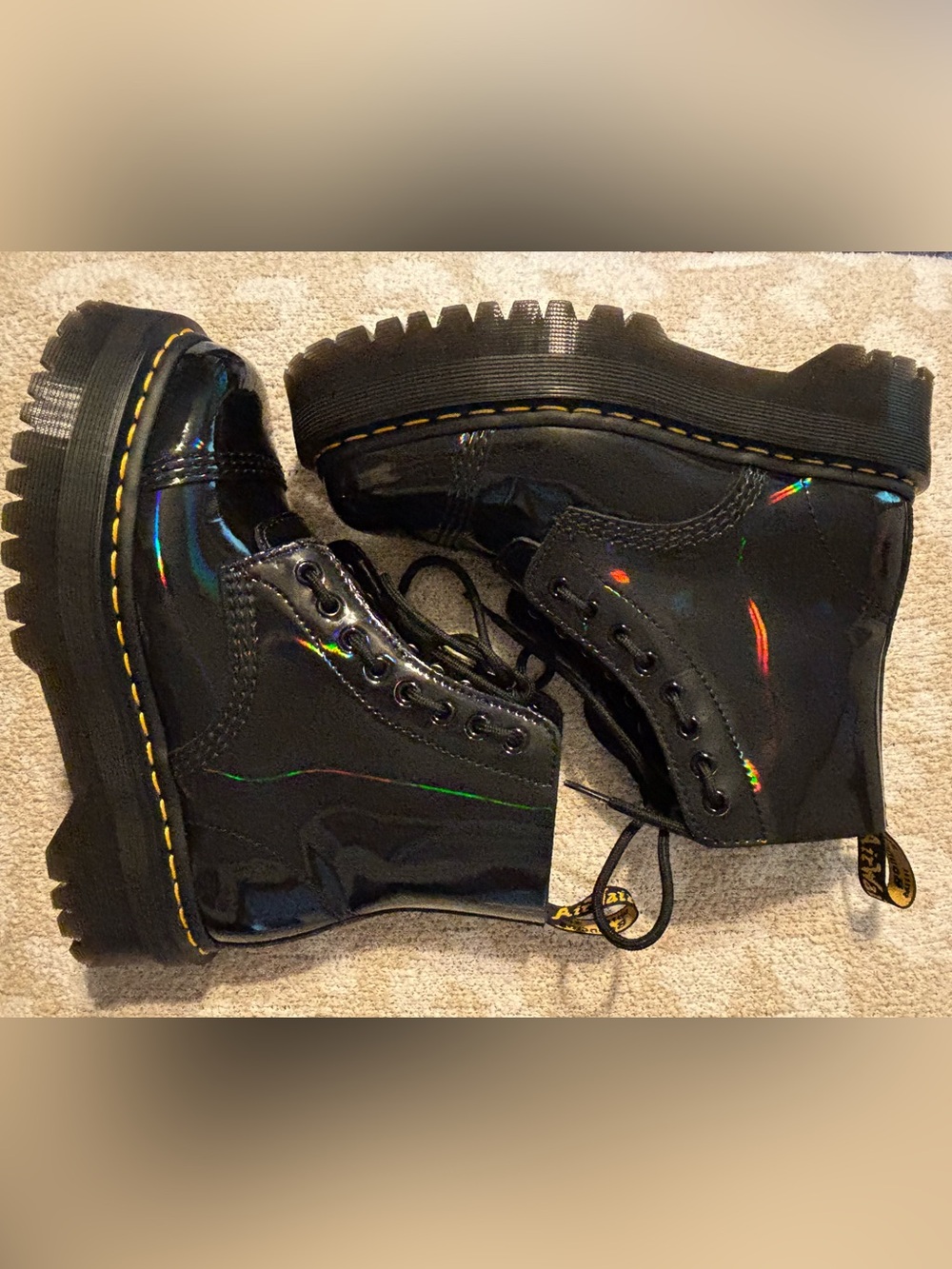 Dr. Martens Black Patent Leather Platform Booties with Rainbow Sheen